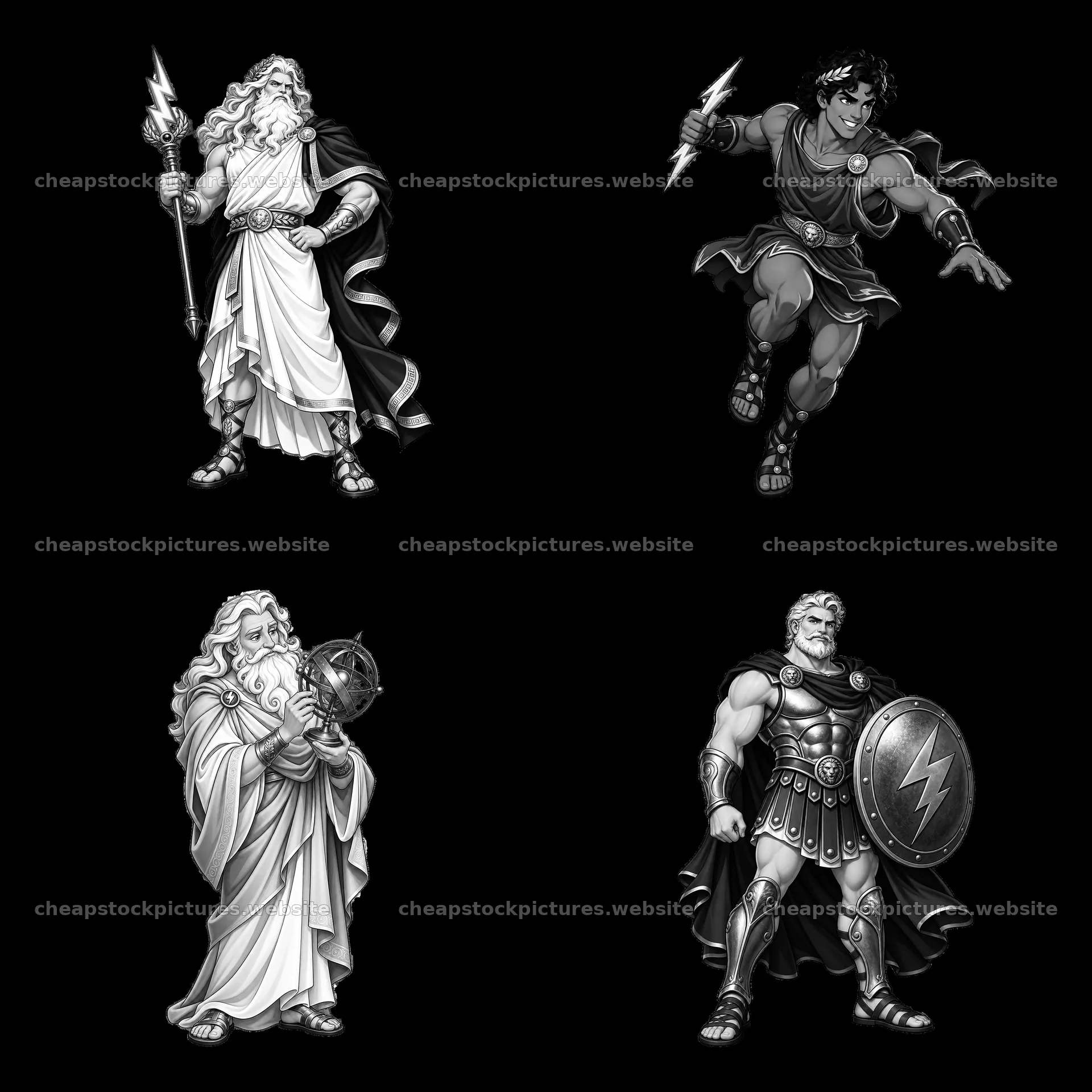 Zeus and Greek gods in black and white cartoon sticker design – stock pictures 7746x7746