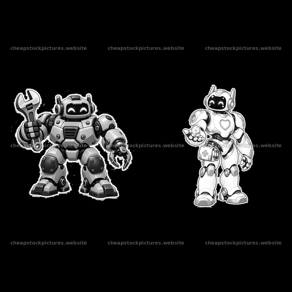 Two mech robots with tools and accessories in black-and-white style – stock pictures 7746x7746