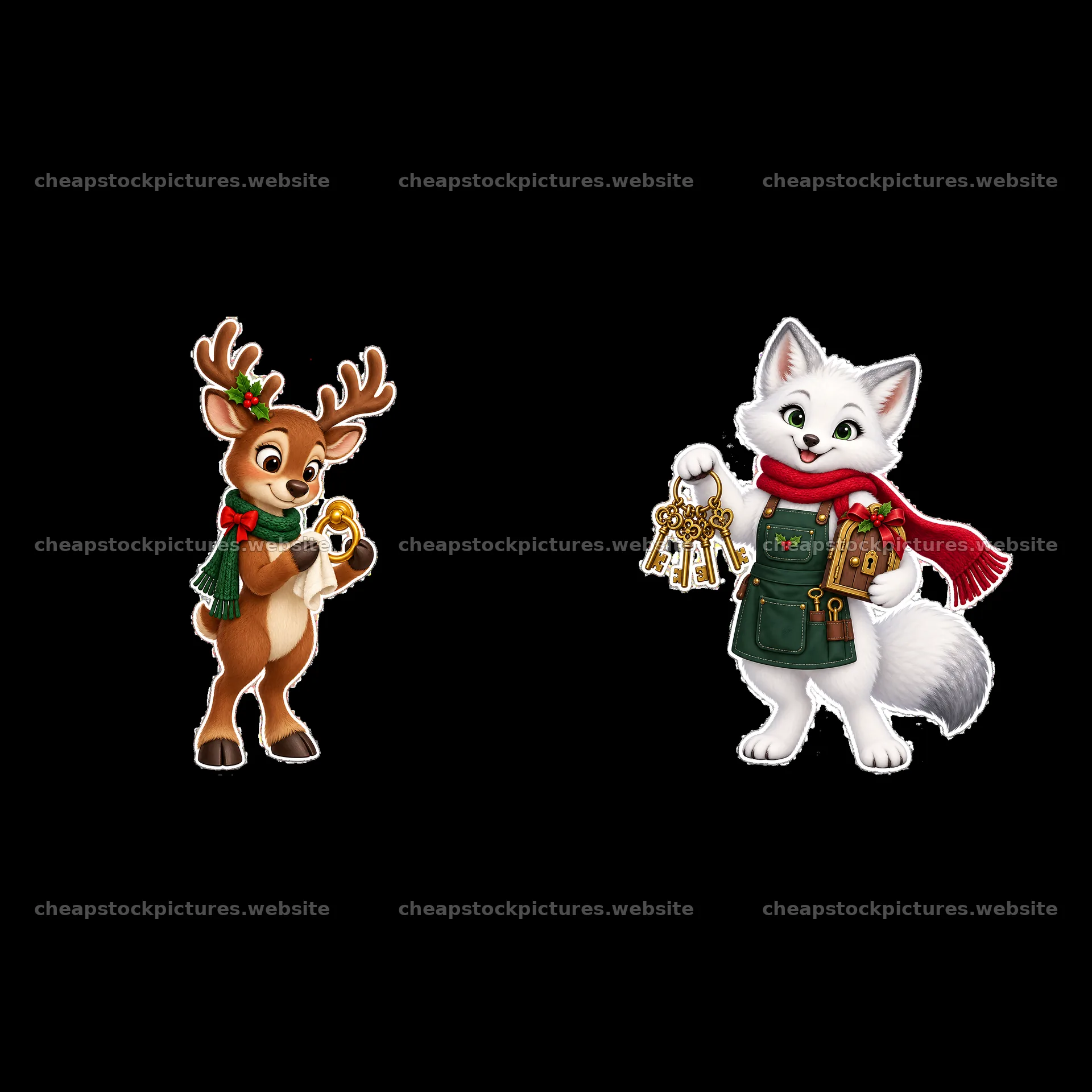 Rudolph holds a key while a fox presents keys in Christmas theme – stock pictures 7746x7746