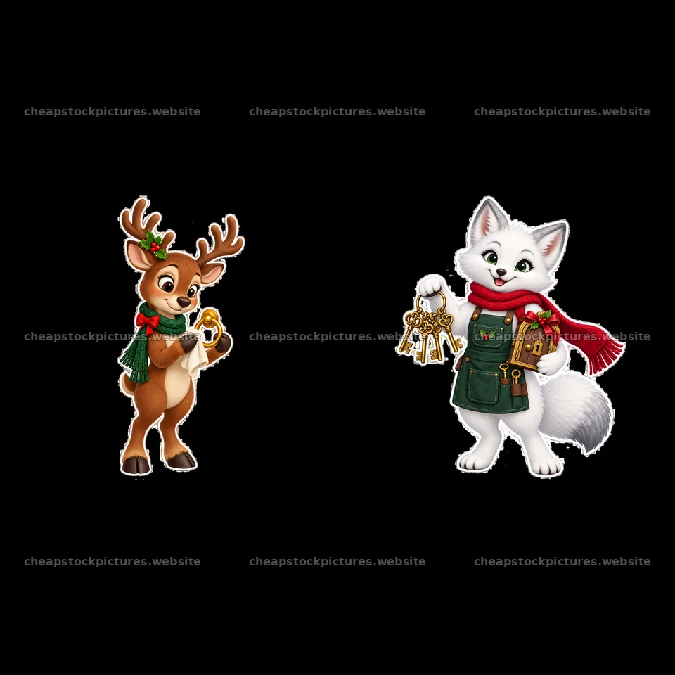 Rudolph holds a key while a fox presents keys in Christmas theme – stock pictures 7746x7746
