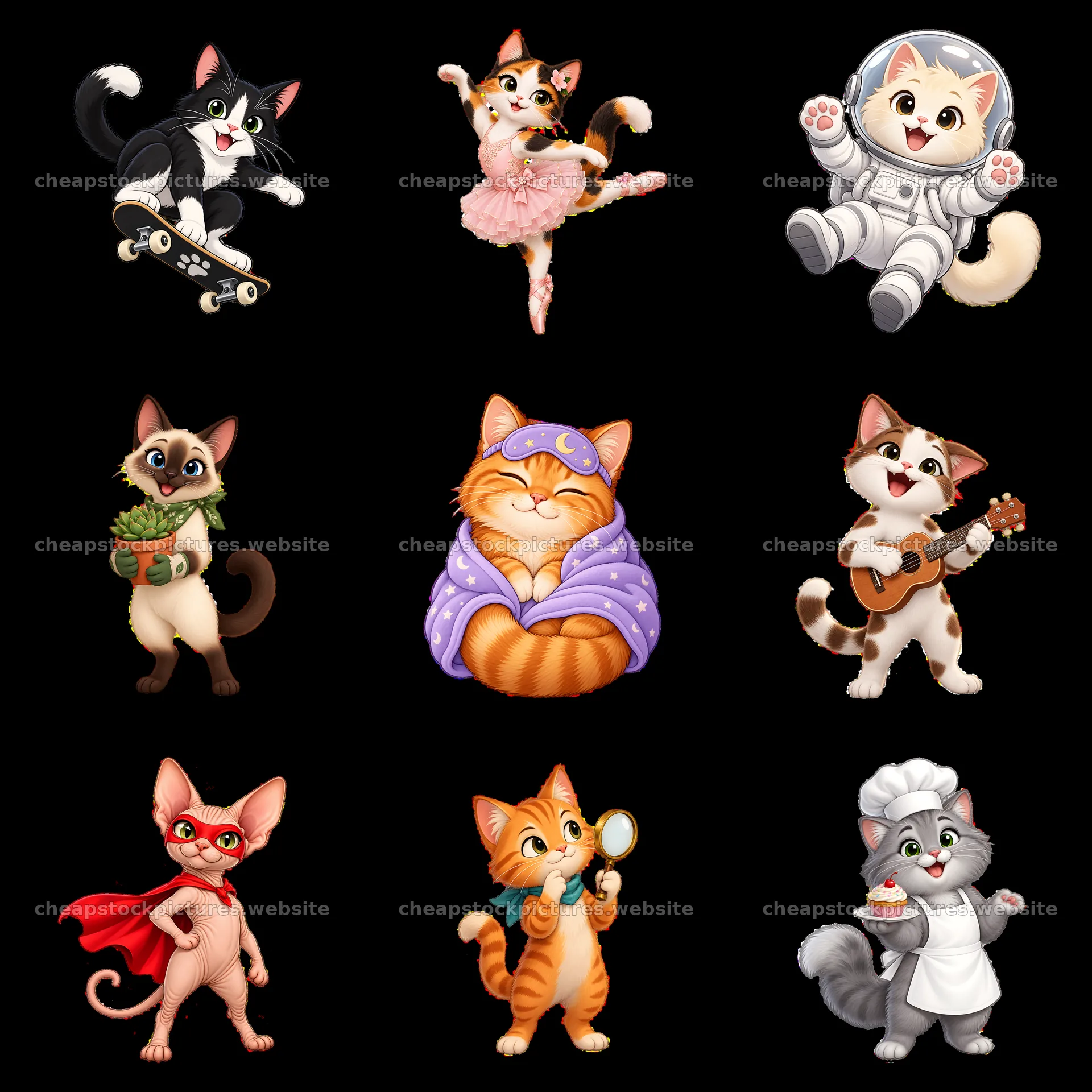 Cats in various fun costumes and activities in a grid layout – stock pictures 7746x7746