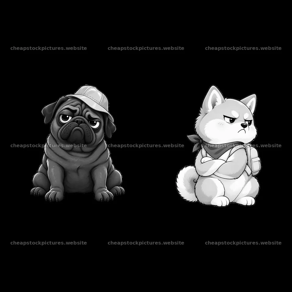 Kawaii grumpy dog duo with a pug and a fluffy shiba – stock pictures 7746x7746