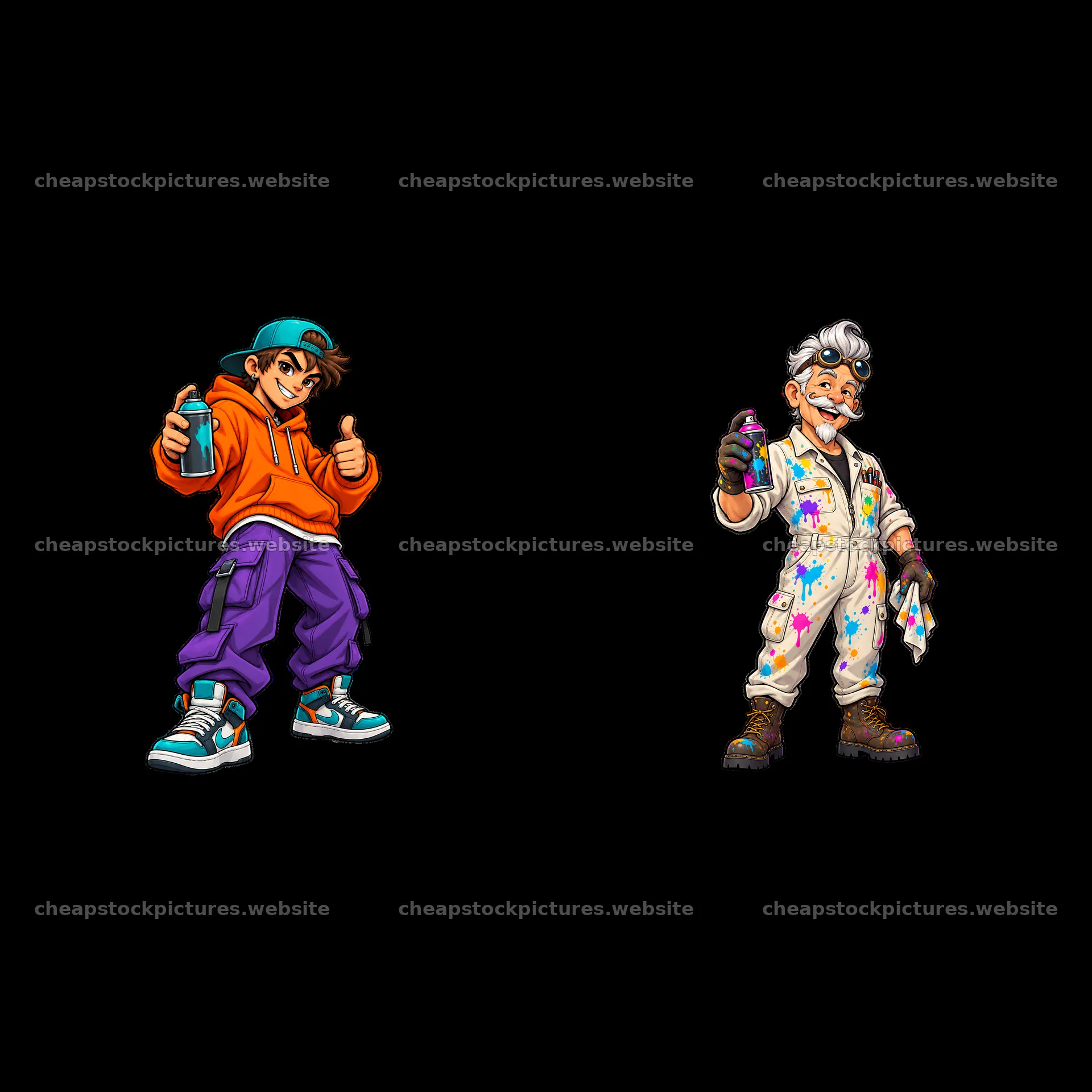 Cool graffiti sprayer duo with colorful outfits and spray cans – stock pictures 7746x7746