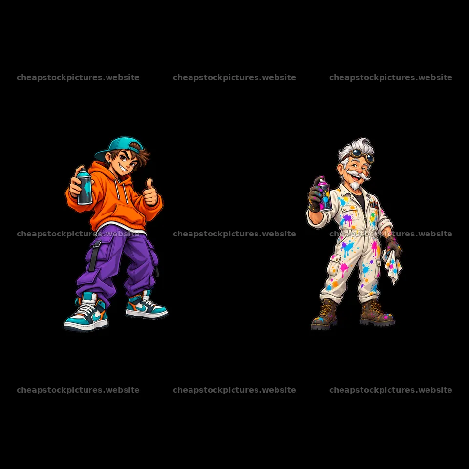 Cool graffiti sprayer duo with colorful outfits and spray cans – stock pictures 7746x7746