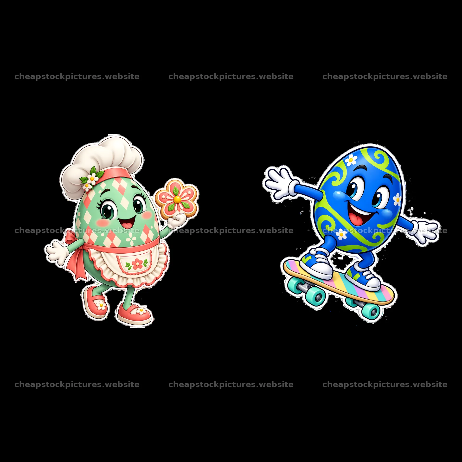 Colorful cartoon Easter eggs with chef and skateboard character – stock pictures 7746x7746