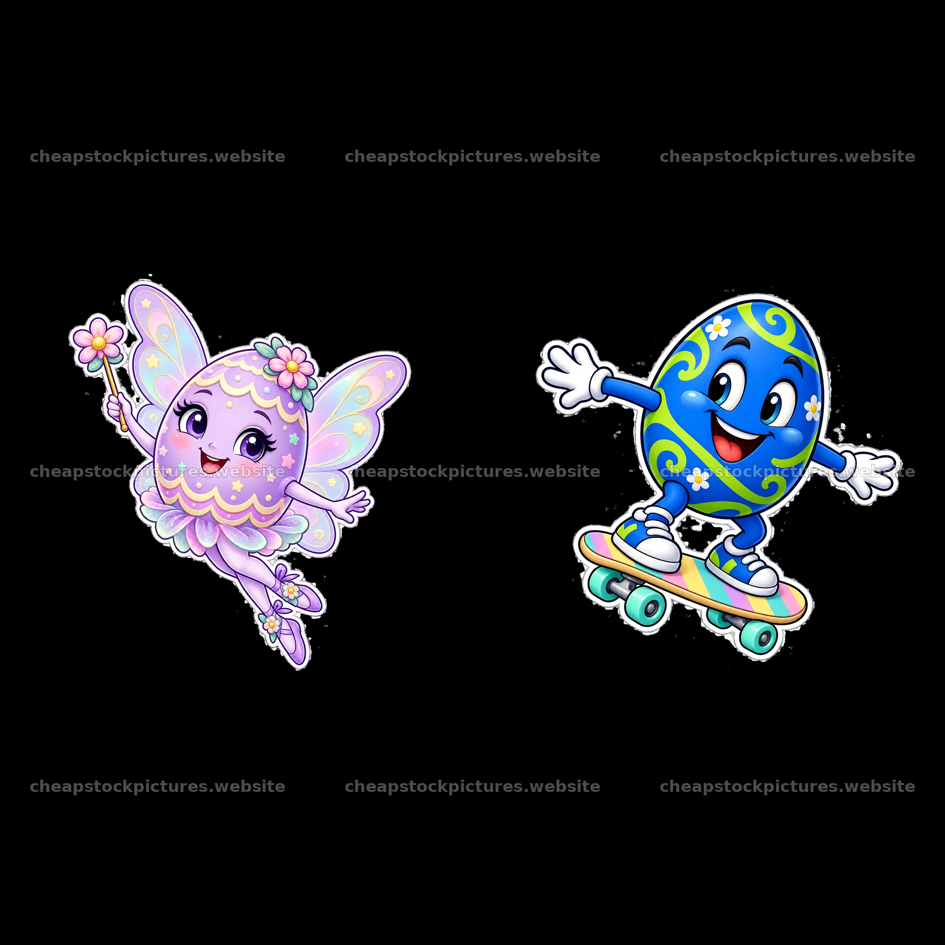 Colorful Easter egg characters with playful fairy and skateboarder – stock pictures 7746x7746