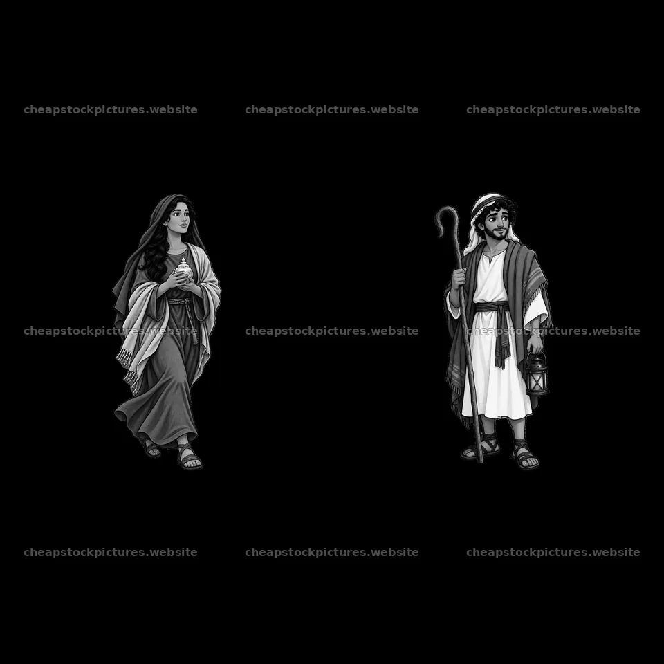 Jesus and Mary walking together in monochrome illustration – stock pictures 7746x7746