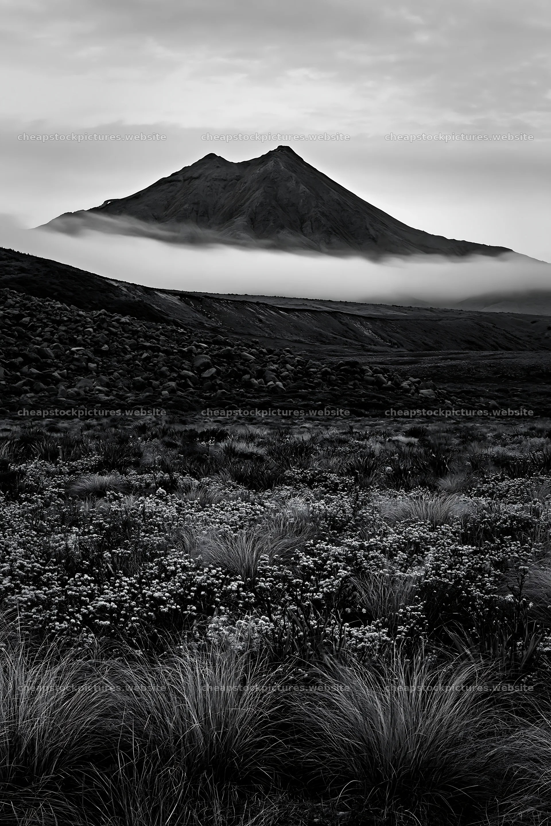 Poppy flax meadow with mountain and fog in black and white – stock pictures 6480x9722