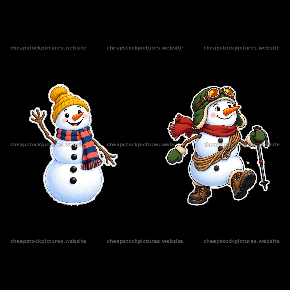 Two cheerful snowmen dressed warmly in winter attire – stock pictures 7746x7746