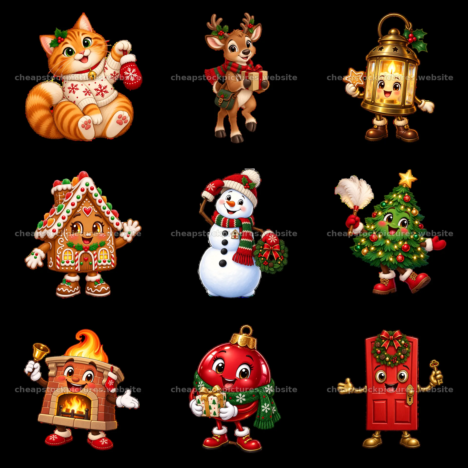 Colorful Christmas characters in a festive 3x3 grid layout – stock pictures 7746x7746