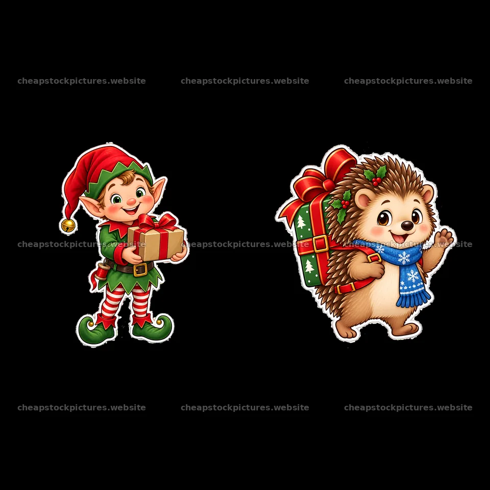 Christmas elf and hedgehog carrying gifts together – stock pictures 7746x7746