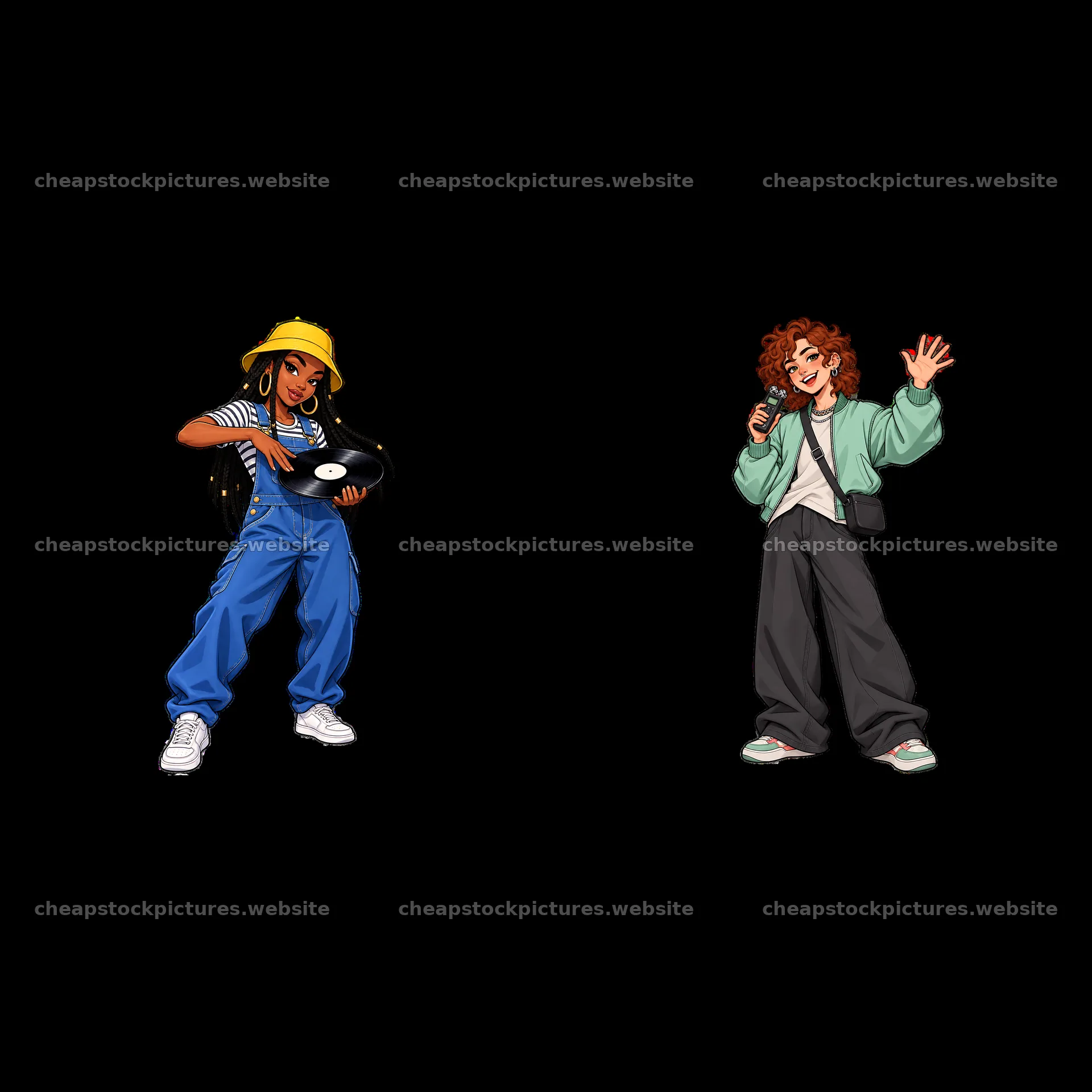 Hip-hop artists with a vinyl record and microphone standing – stock pictures 7746x7746