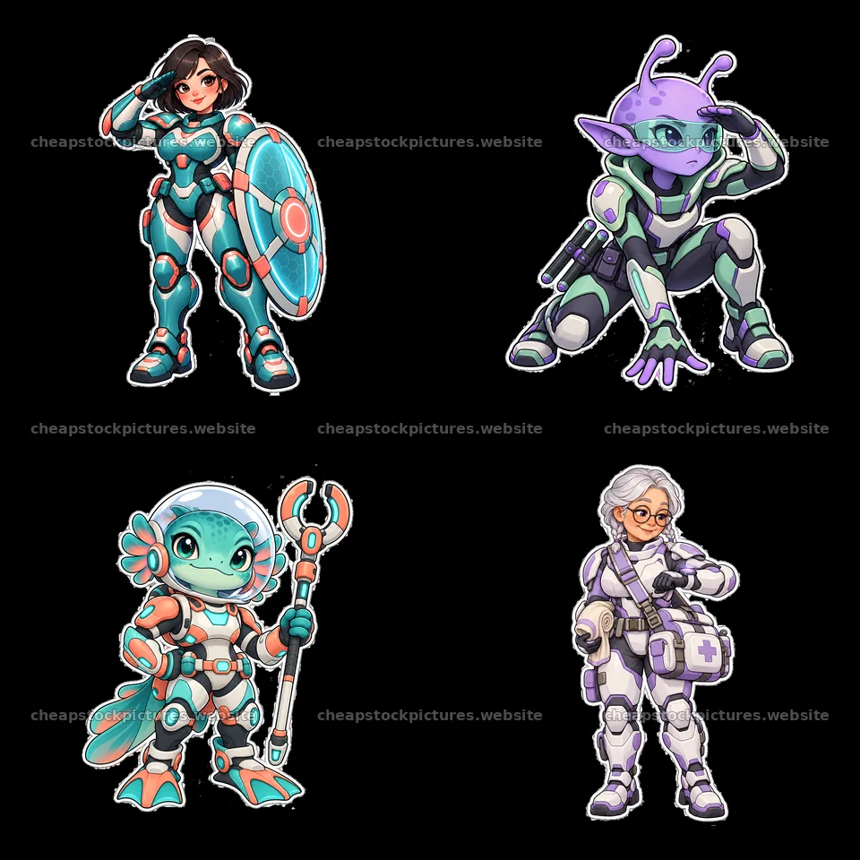 Kawaii futuristic super-soldiers in a 2x2 arrangement – stock pictures 7746x7746