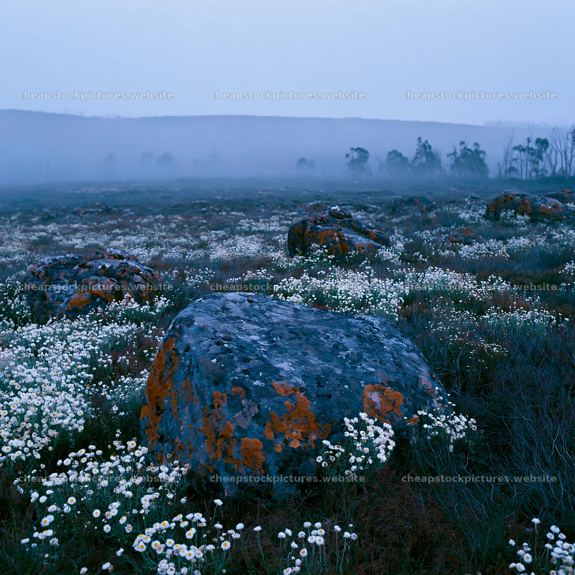 Meadow with boulders and wildflowers at dusk – stock pictures 7938x7938