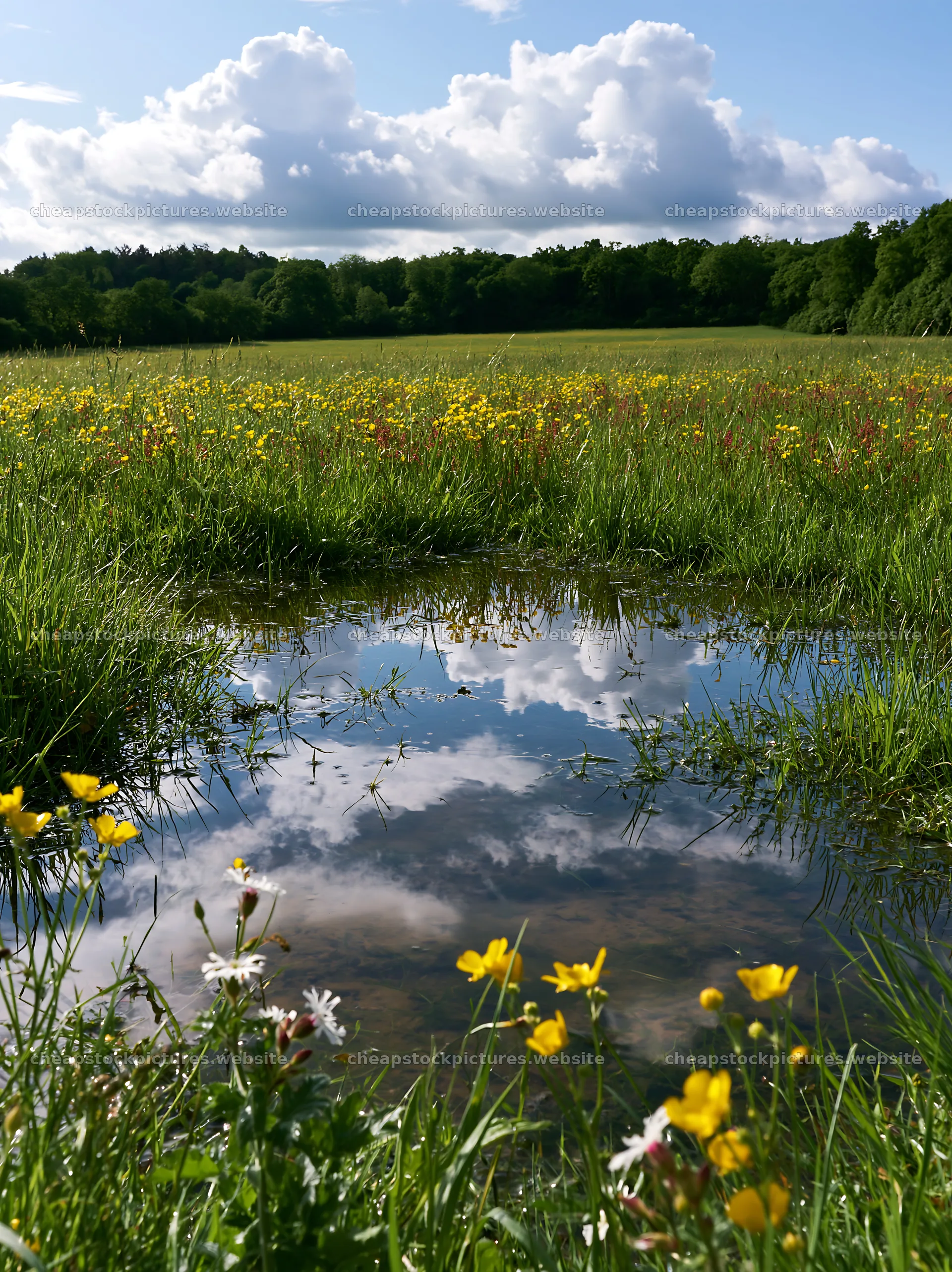 Colorful buttercup meadow with reflection in water – stock pictures 6866x9174