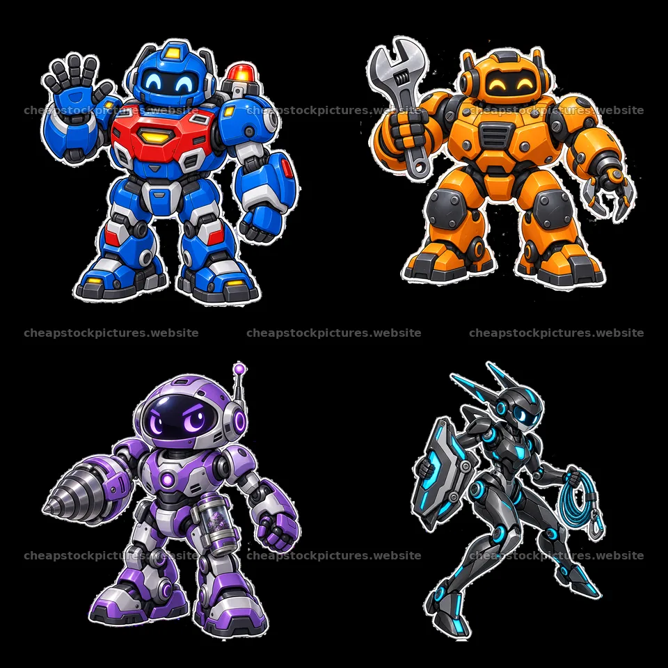 Cartoon mech robots in a colorful 2x2 grid design – stock pictures 7746x7746