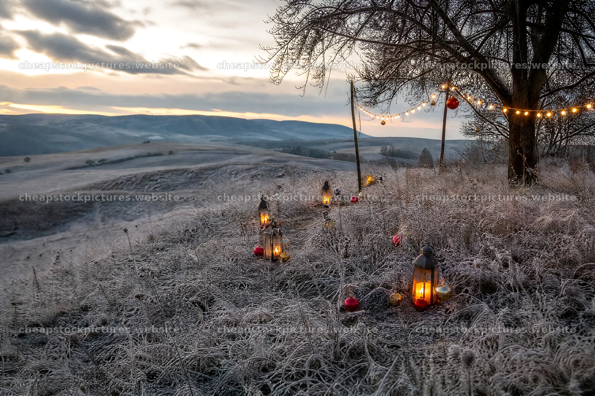 Vibrant Christmas lanterns in a winter meadow at dusk – stock pictures 9722x6480