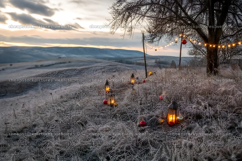 Vibrant Christmas lanterns in a winter meadow at dusk – stock pictures 9722x6480