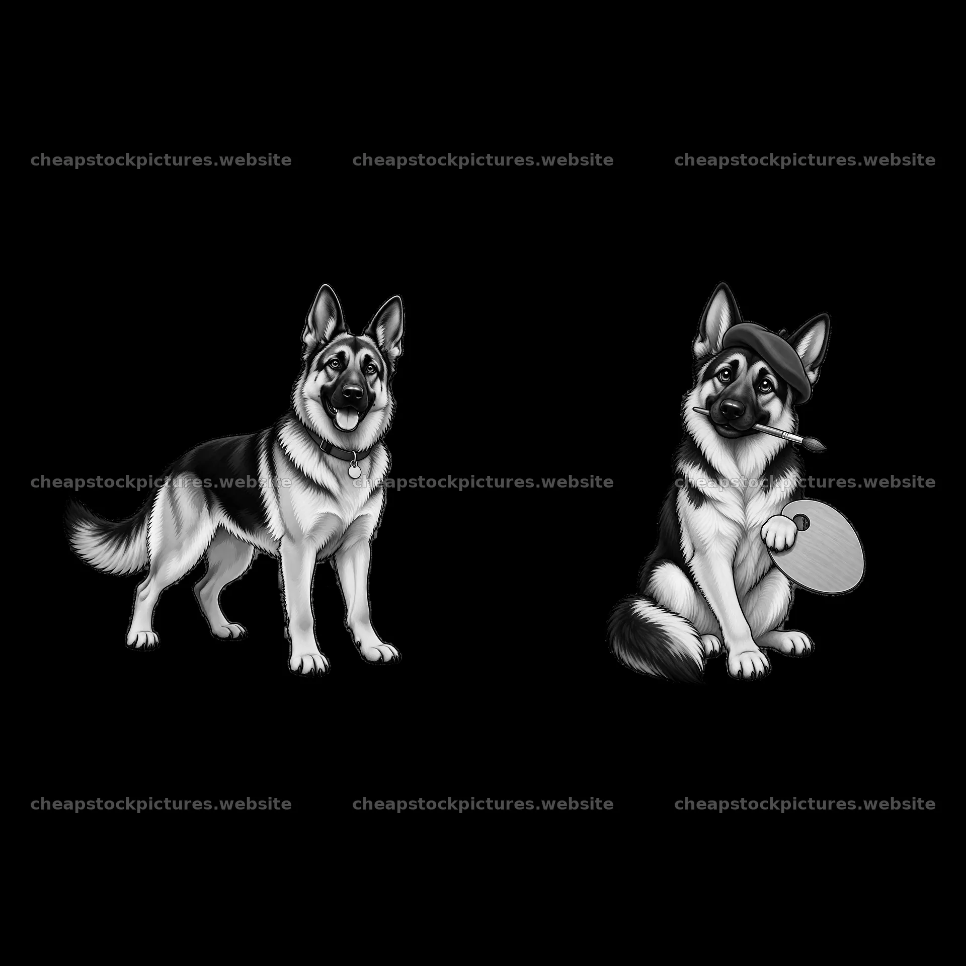 Two cartoon German Shepherd dogs in a playful pose – stock pictures 7746x7746
