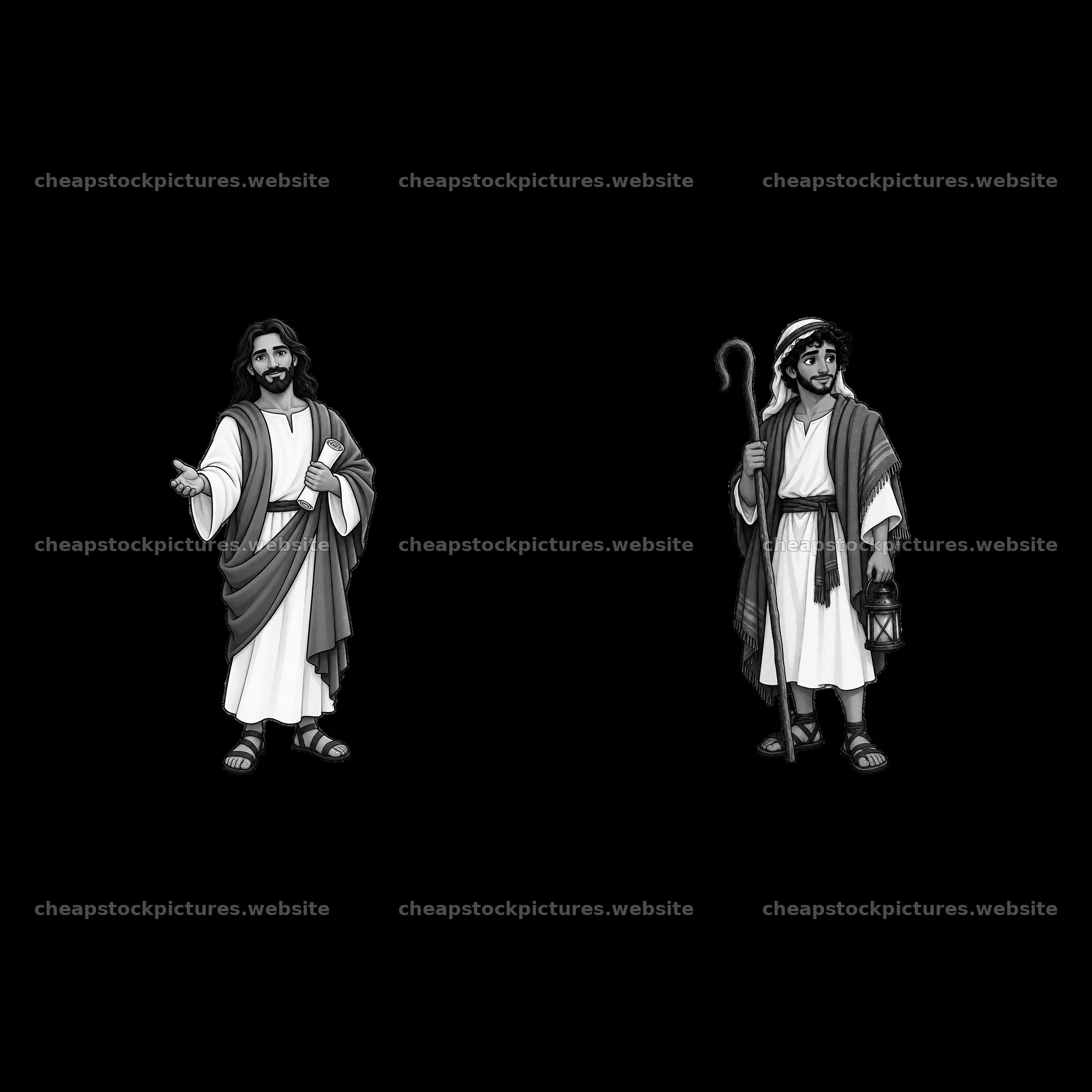 Two cartoon figures of Jesus and a shepherd character – stock pictures 7746x7746