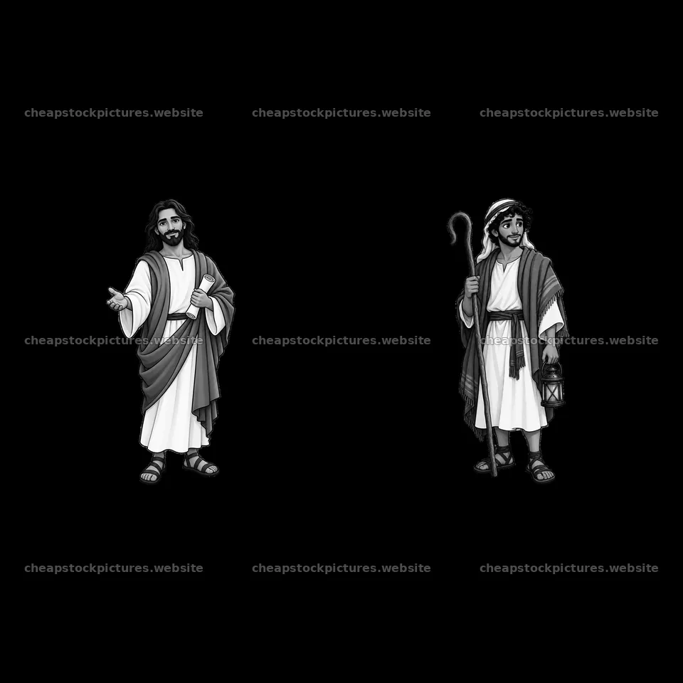 Two cartoon figures of Jesus and a shepherd character – stock pictures 7746x7746