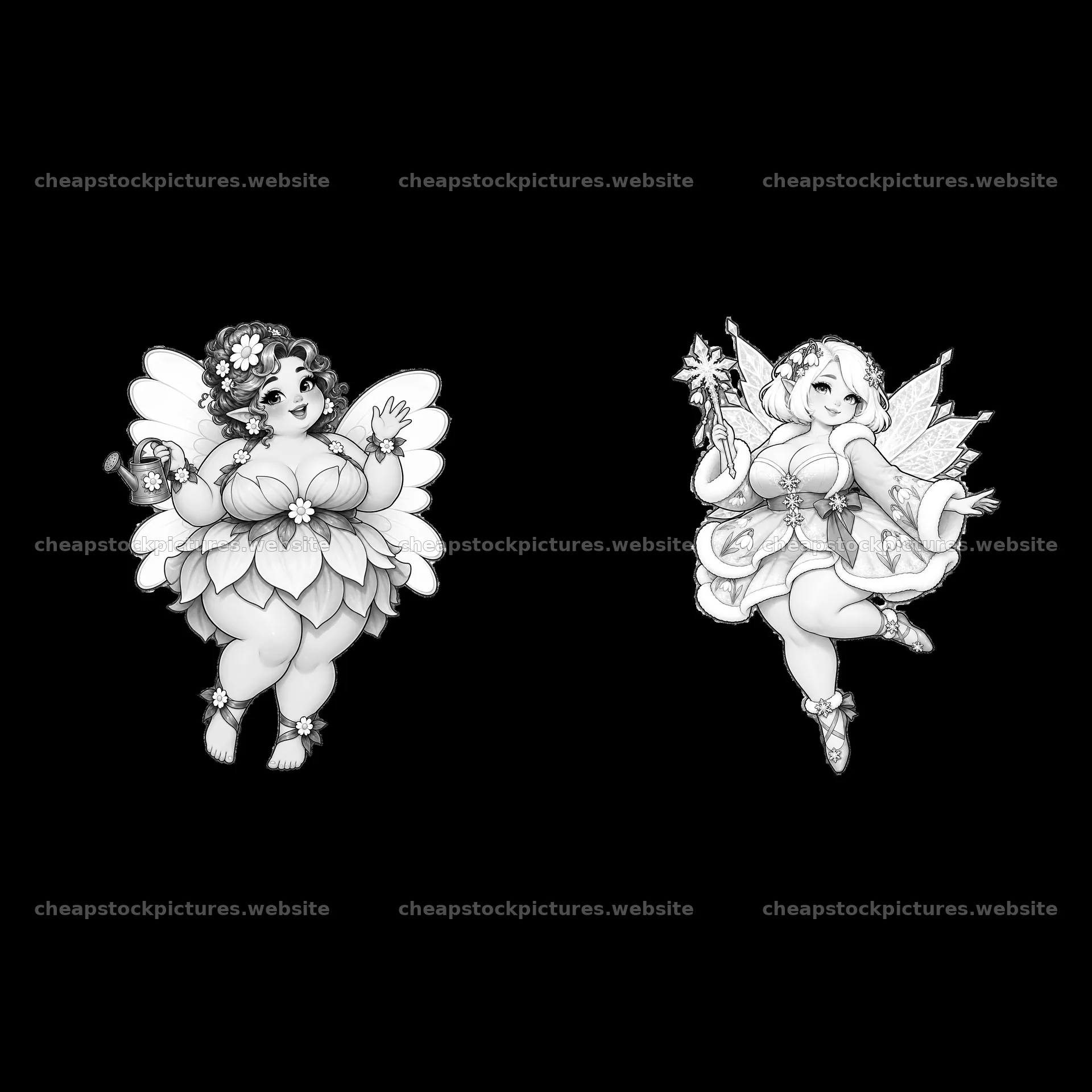 Two kawaii ultra-fat fairies holding accessories in a playful pose – stock pictures 7746x7746