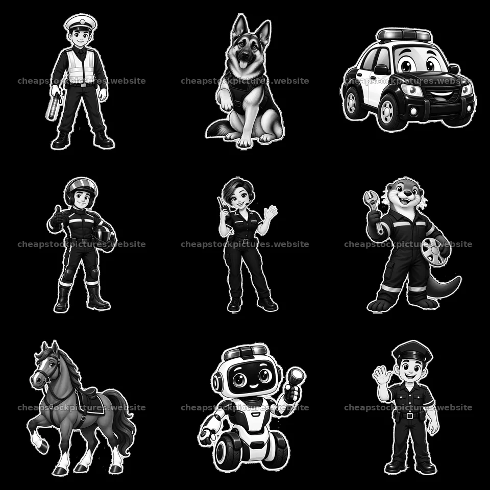 Police themed cartoon stickers featuring characters in various – stock pictures 7746x7746