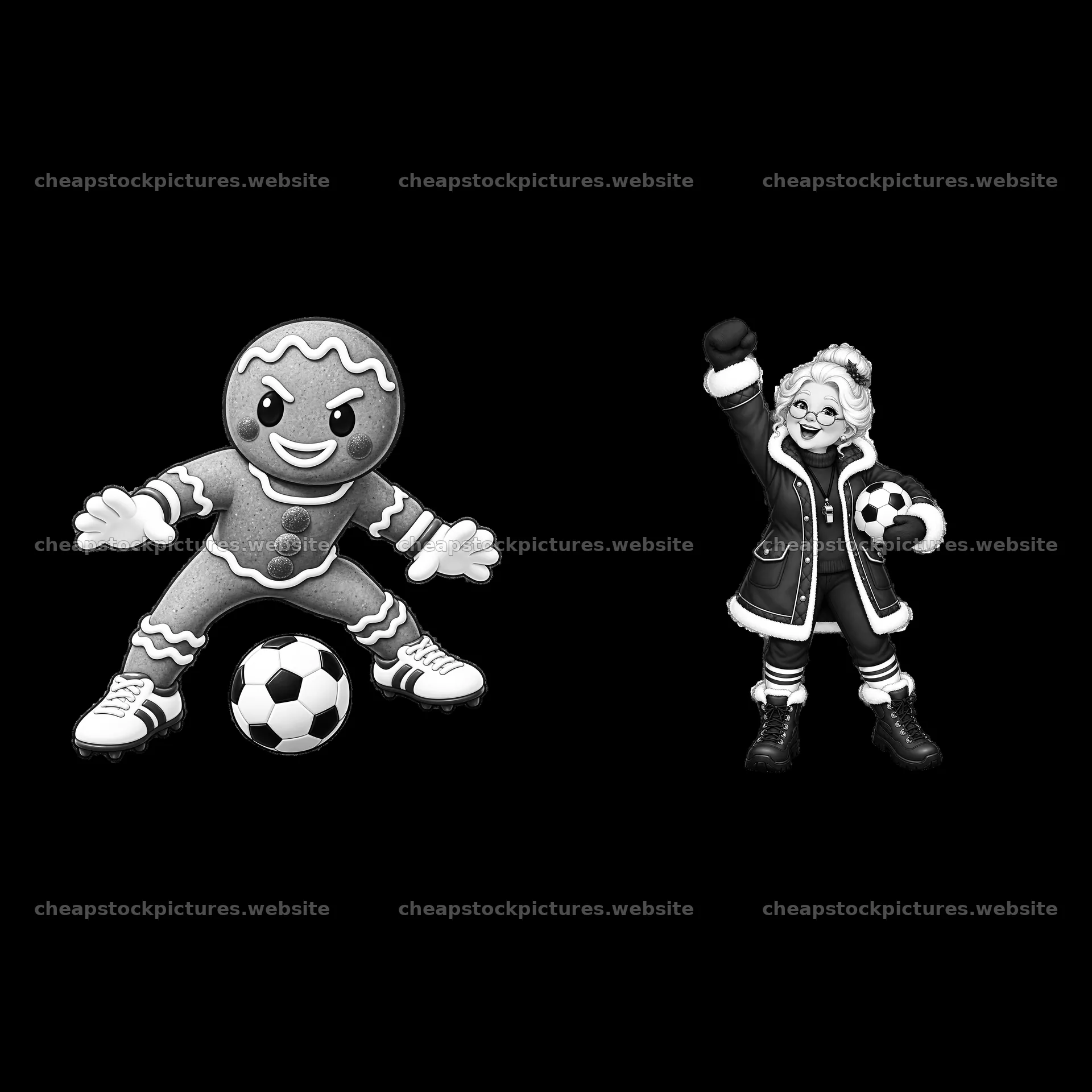 Gingerbread character playing soccer with a Christmas player – stock pictures 7746x7746
