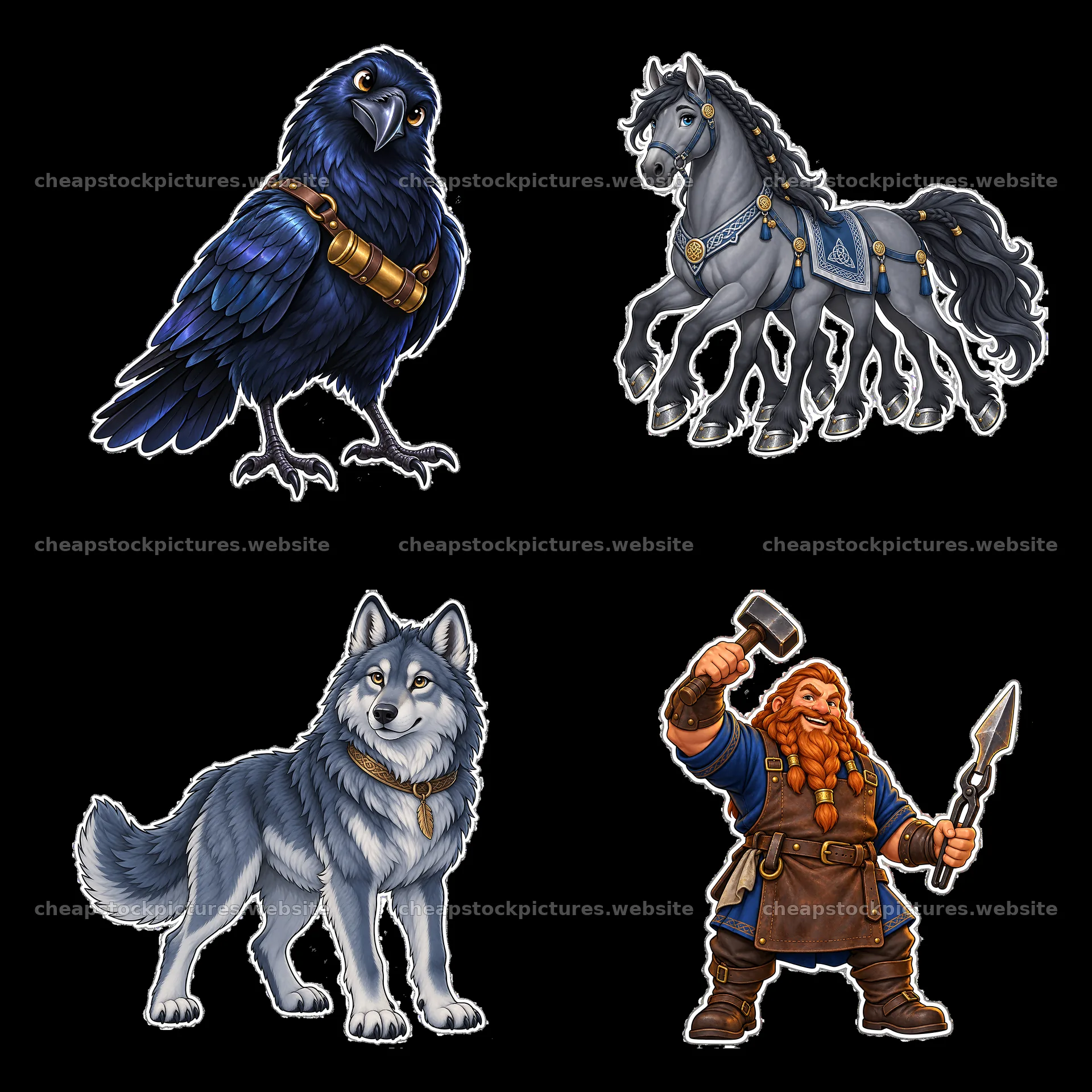 Odin the Norse All-Father with his wolf, raven, horse, and warrior – stock pictures 7746x7746