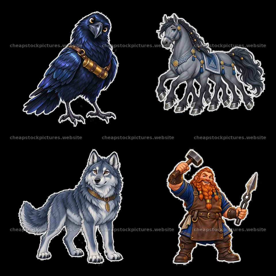 Odin the Norse All-Father with his wolf, raven, horse, and warrior – stock pictures 7746x7746