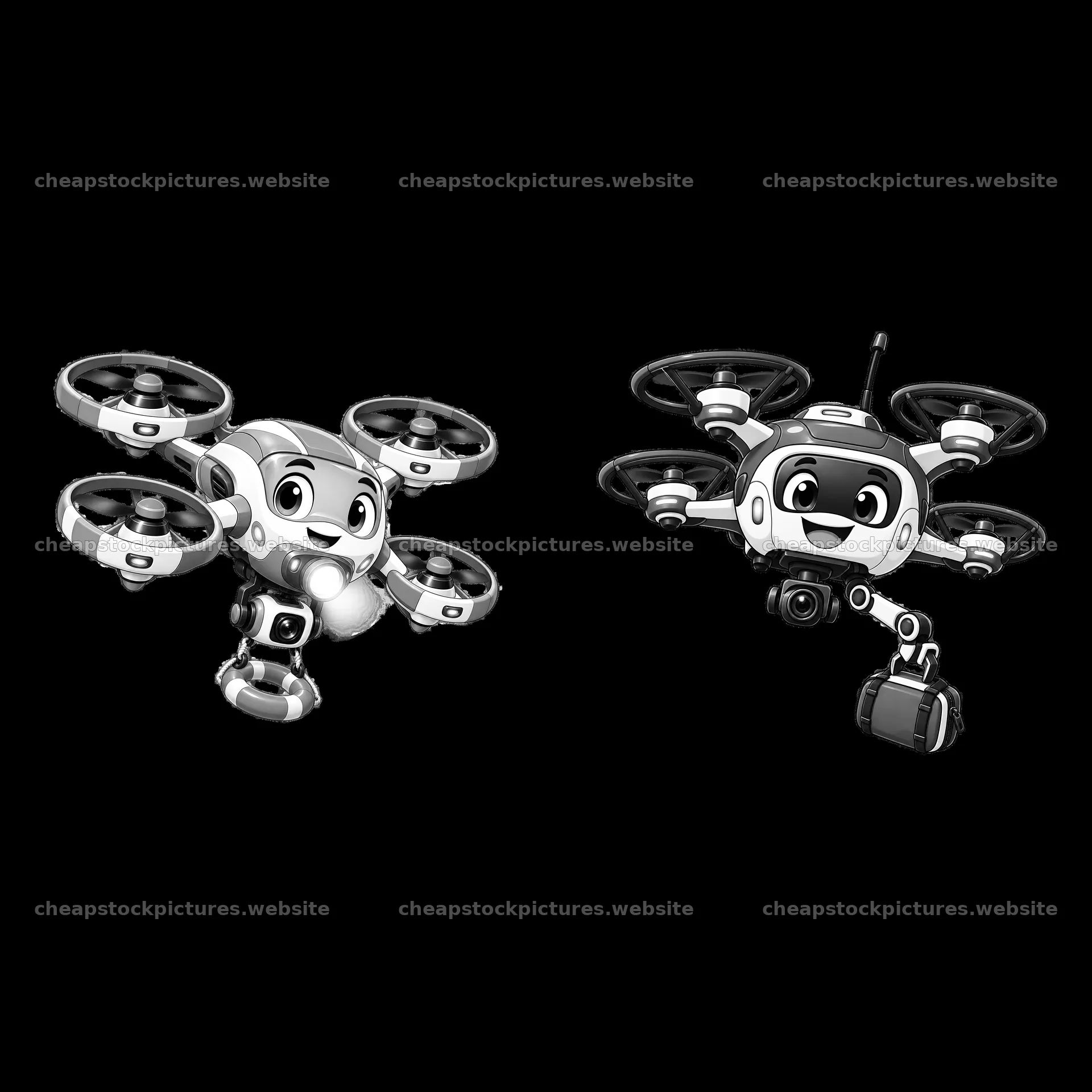 Cartoon drones with cheerful faces and accessories in pair layout – stock pictures 7746x7746