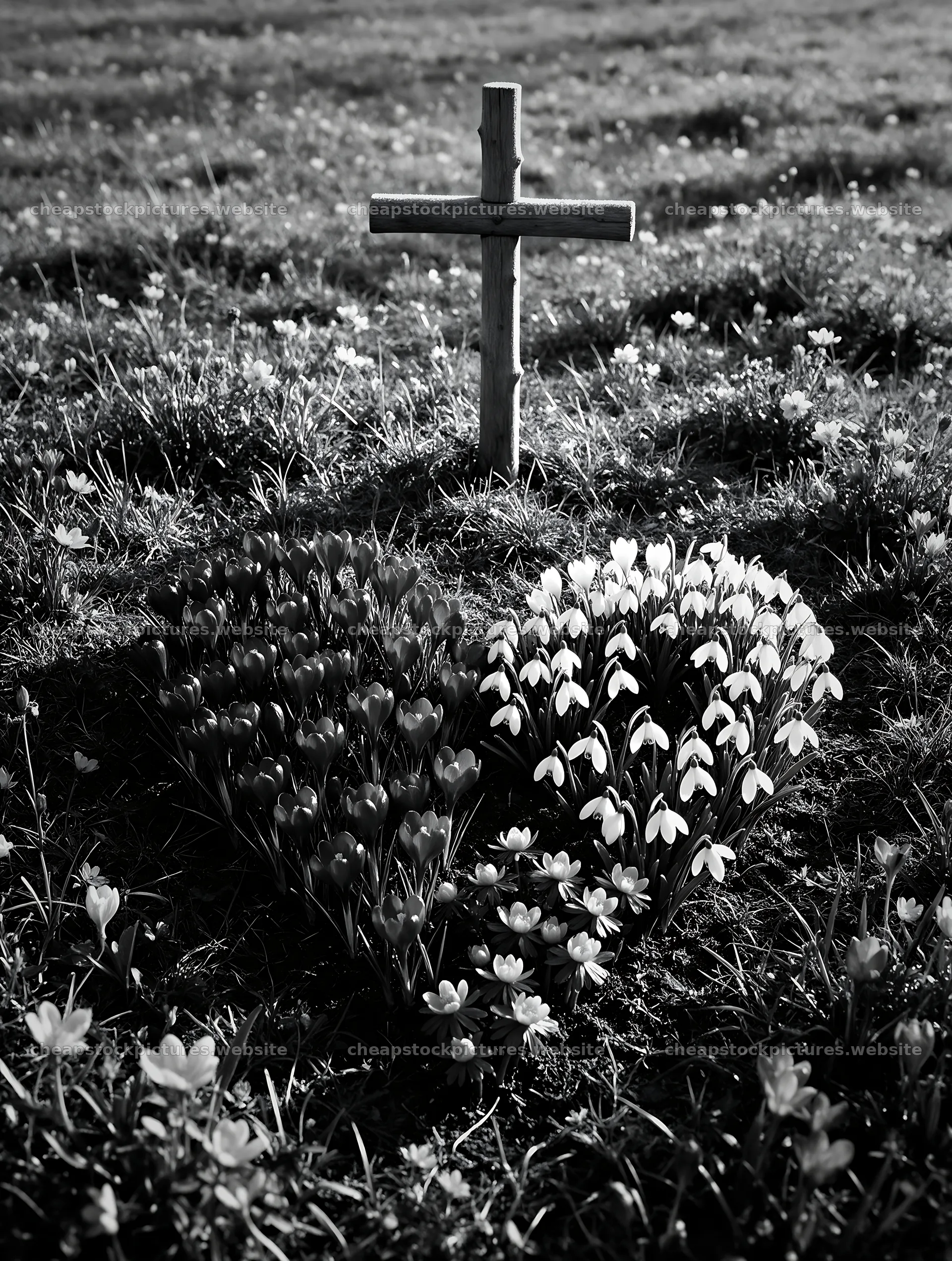 Christian cross with flowers in winter meadow at sunset – stock pictures 6898x9134