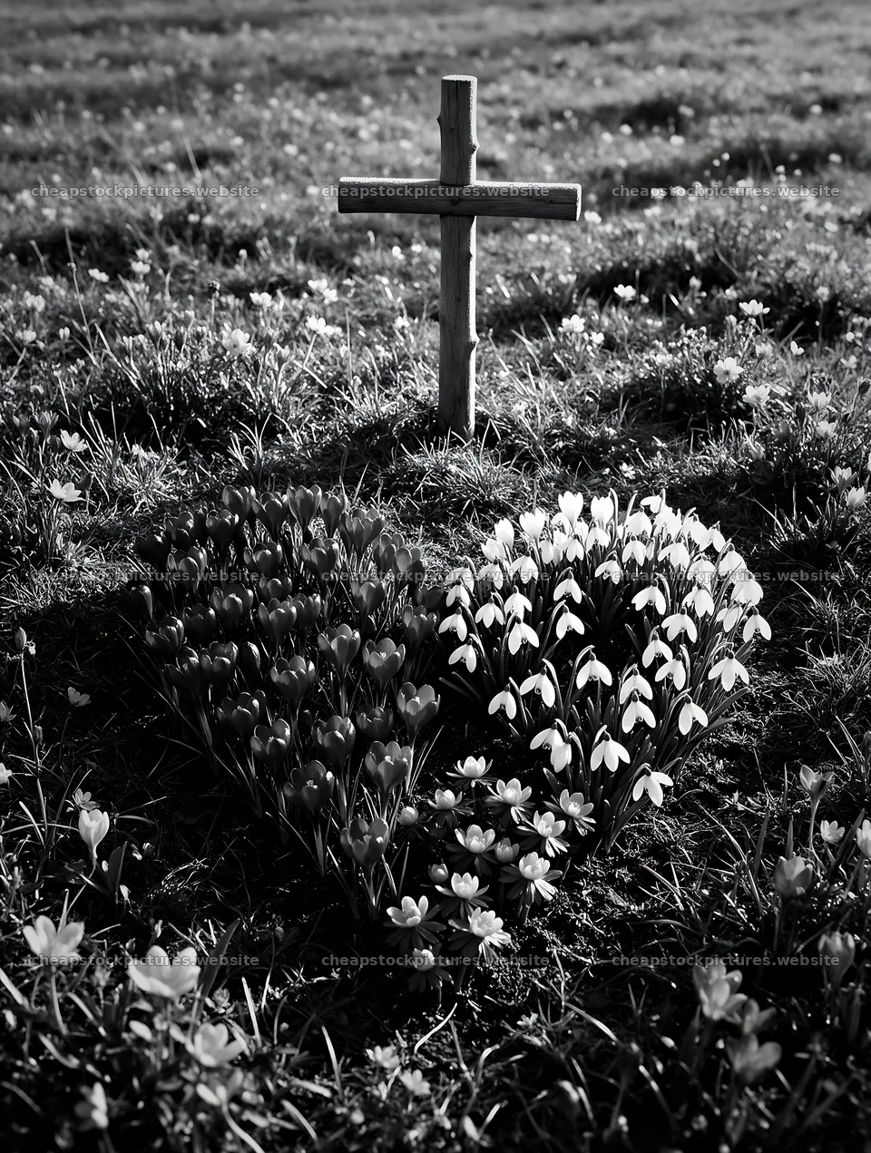 Christian cross with flowers in winter meadow at sunset – stock pictures 6898x9134