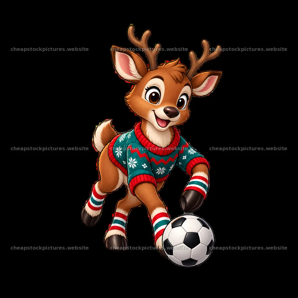 Reindeer in Christmas sweater playing soccer with a ball – stock pictures 7746x7746
