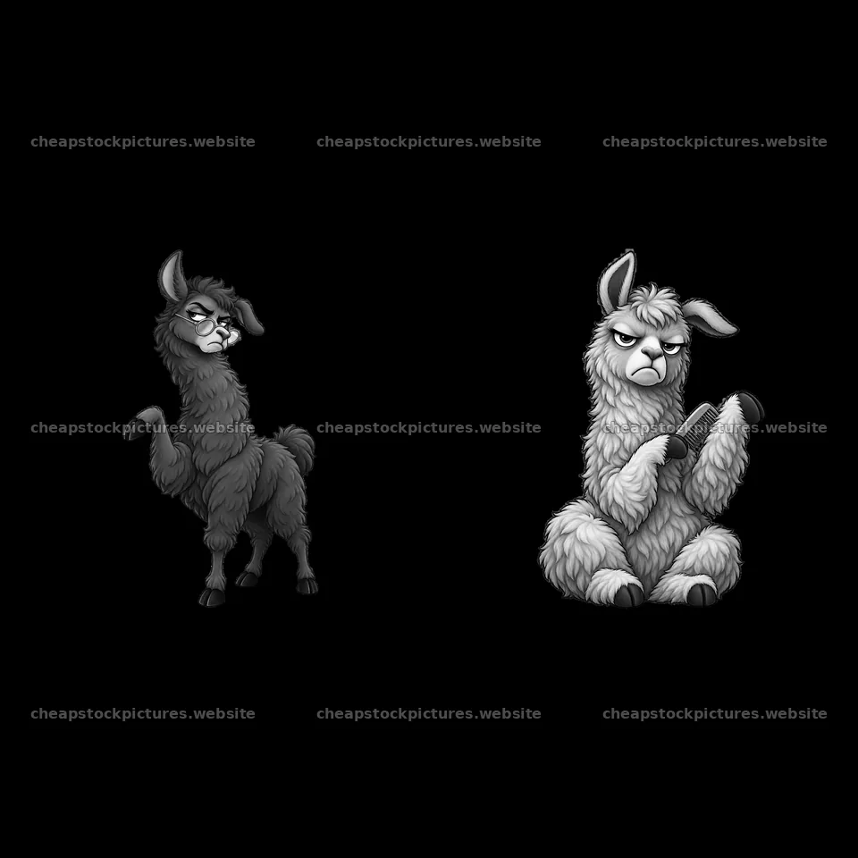 Grumpy llama characters in black-and-white cartoon design – stock pictures 7746x7746