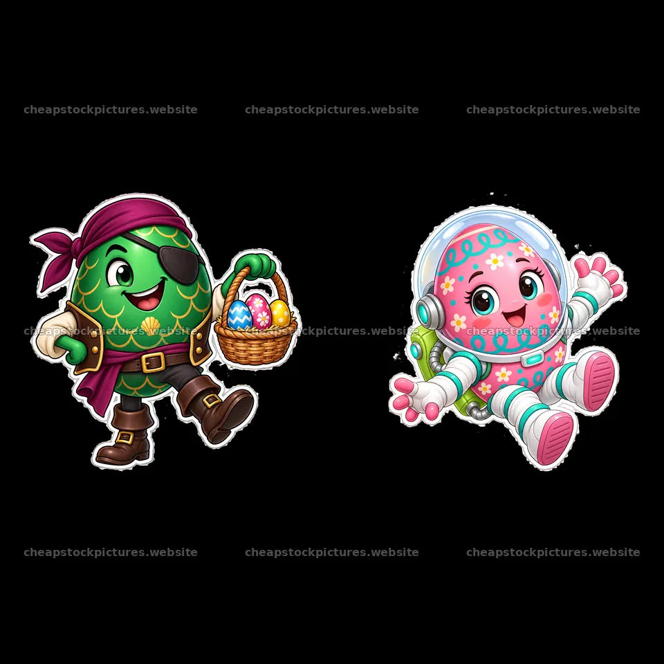 Colorful Easter eggs with pirate and astronaut characters – stock pictures 7746x7746