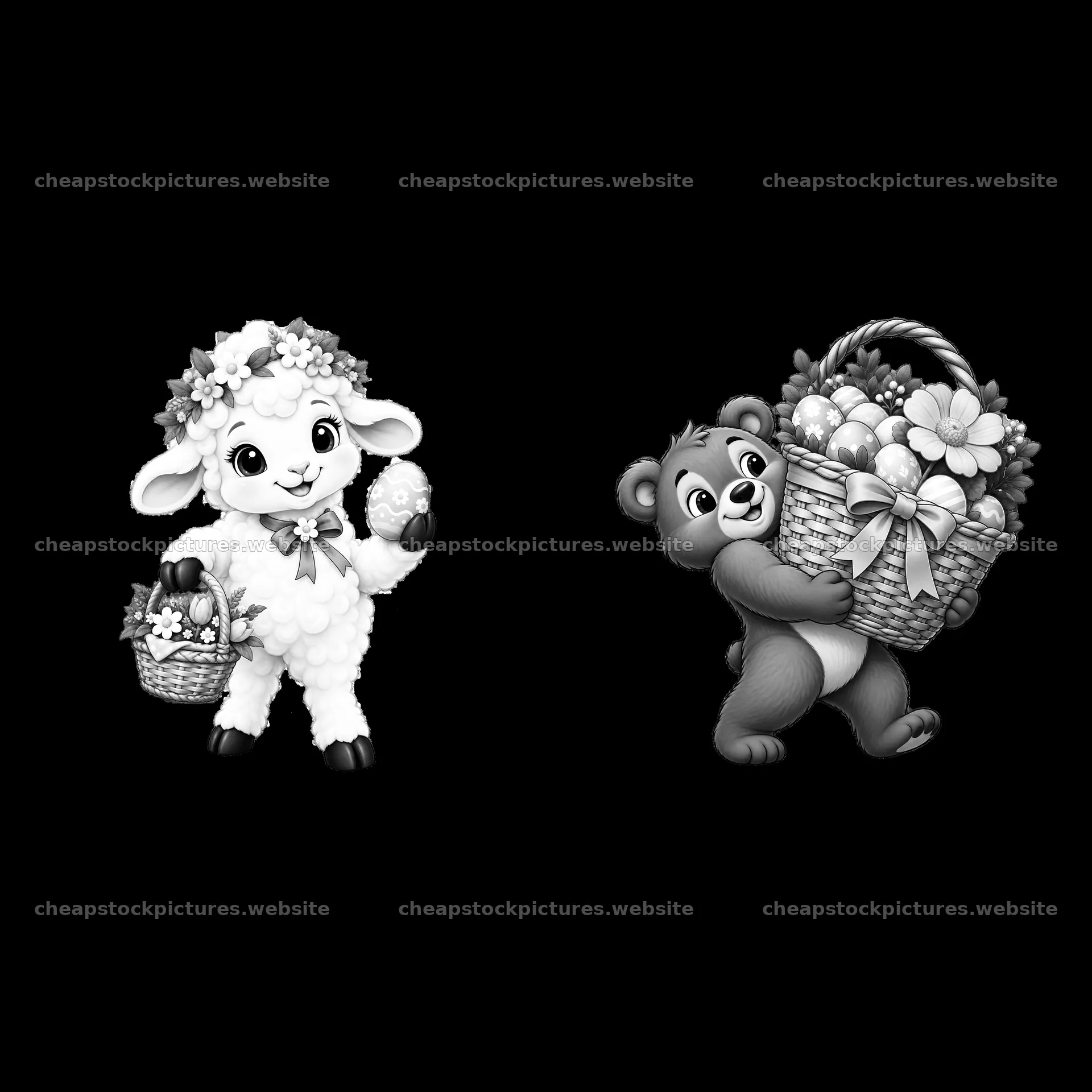 Easter lamb and bear with baskets filled with eggs and flowers – stock pictures 7746x7746