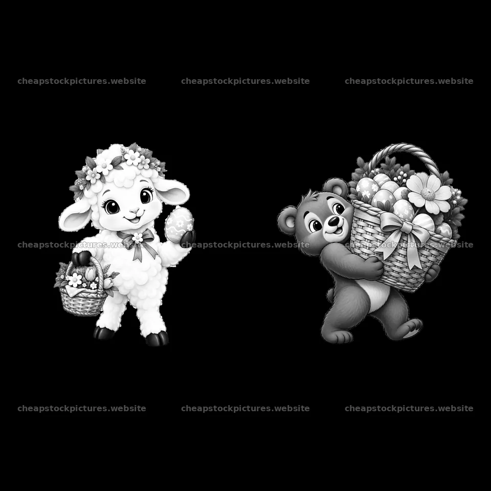 Easter lamb and bear with baskets filled with eggs and flowers – stock pictures 7746x7746