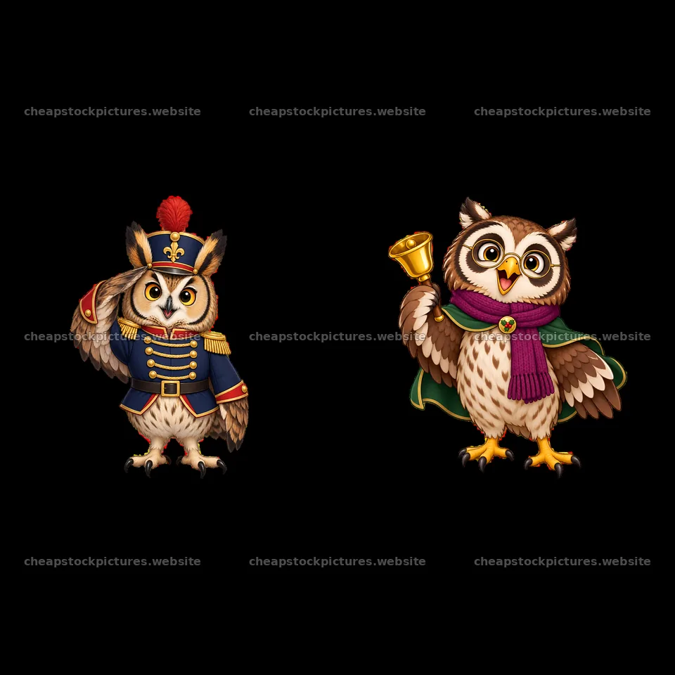 Christmas owls in festive outfits with a bell and a feather – stock pictures 7746x7746