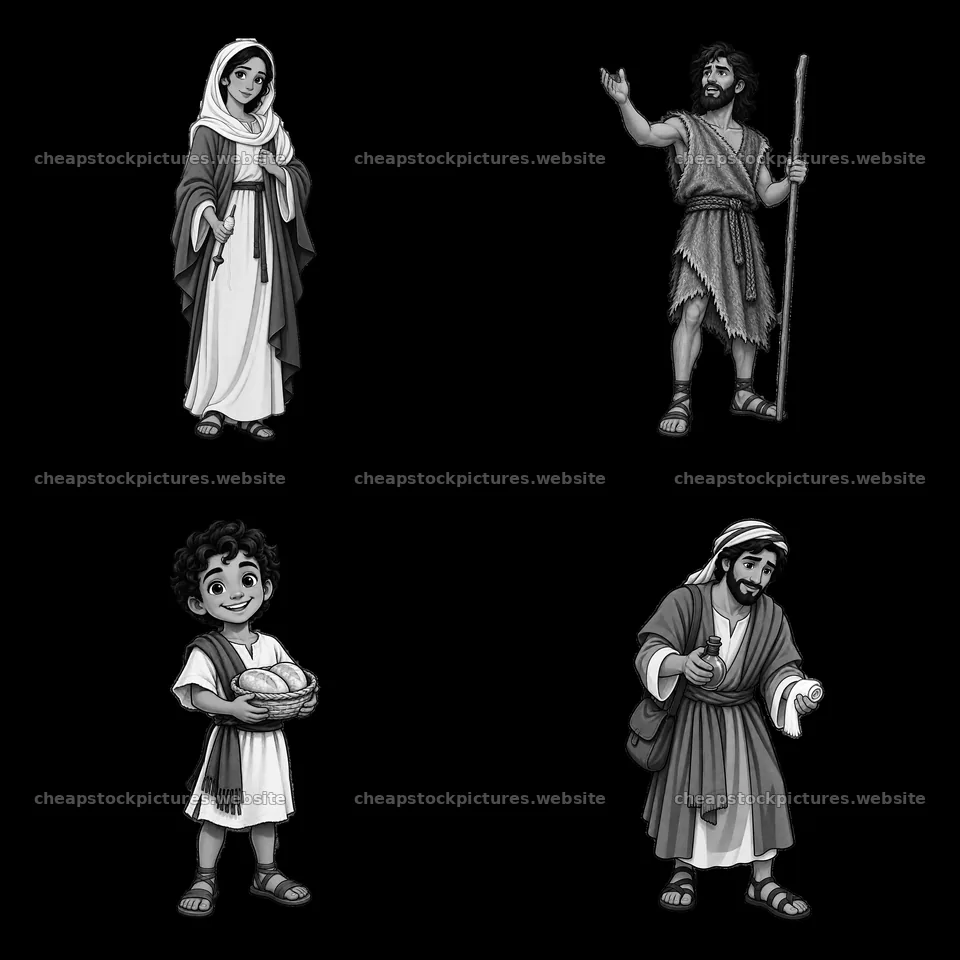 Cartoon illustrations of biblical figures in black and white – stock pictures 7746x7746