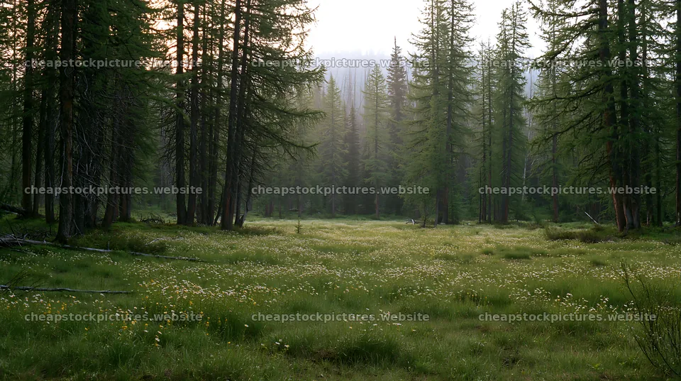 Misty forest meadow with tall trees and wildflowers – stock pictures 10608x5938