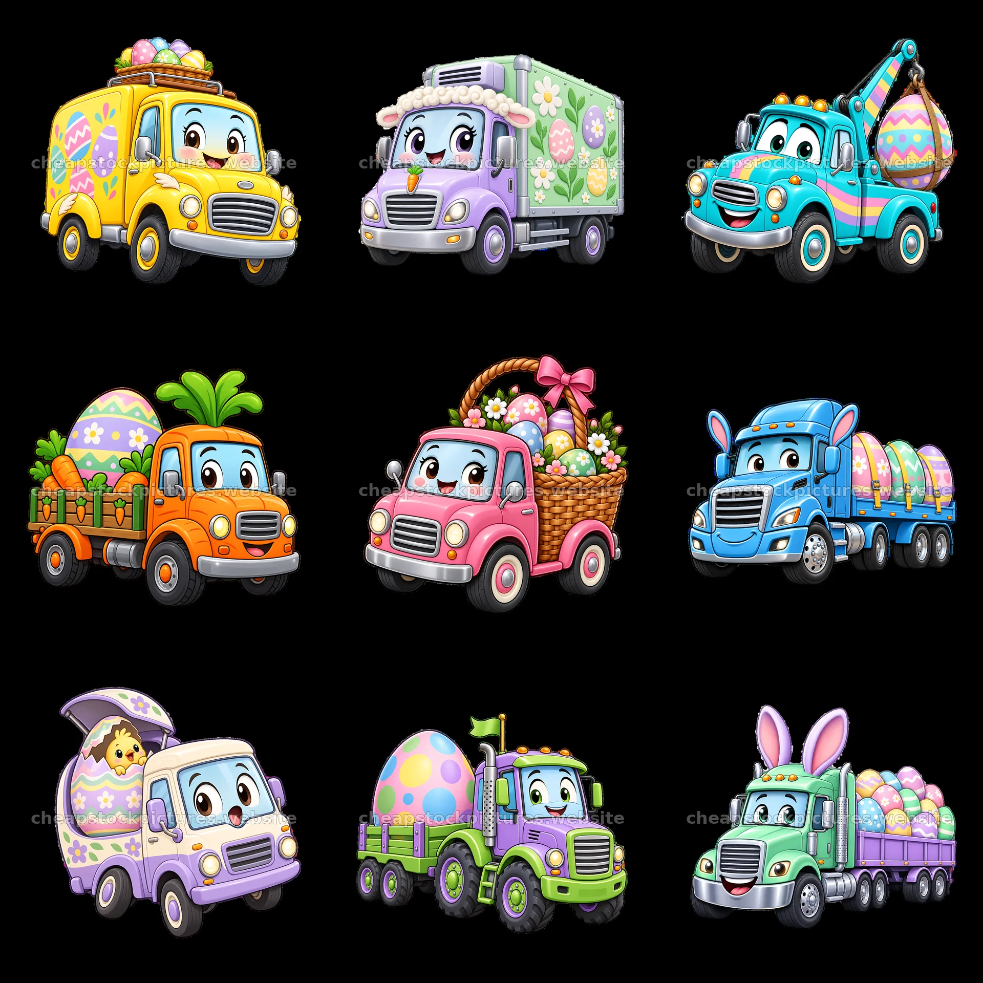 Cartoon Easter trucks with decorated eggs in various colors – stock pictures 7746x7746