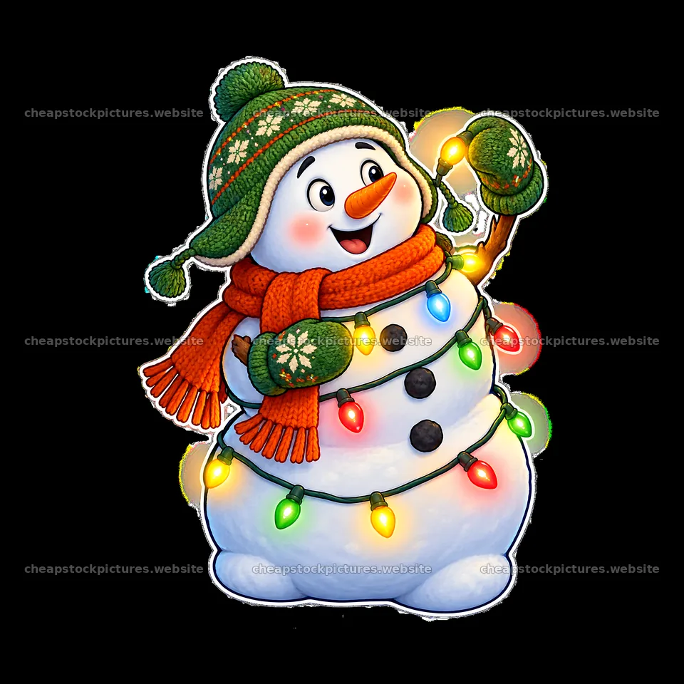Snowman wearing a green hat with string lights in a cheerful pose – stock pictures 7746x7746
