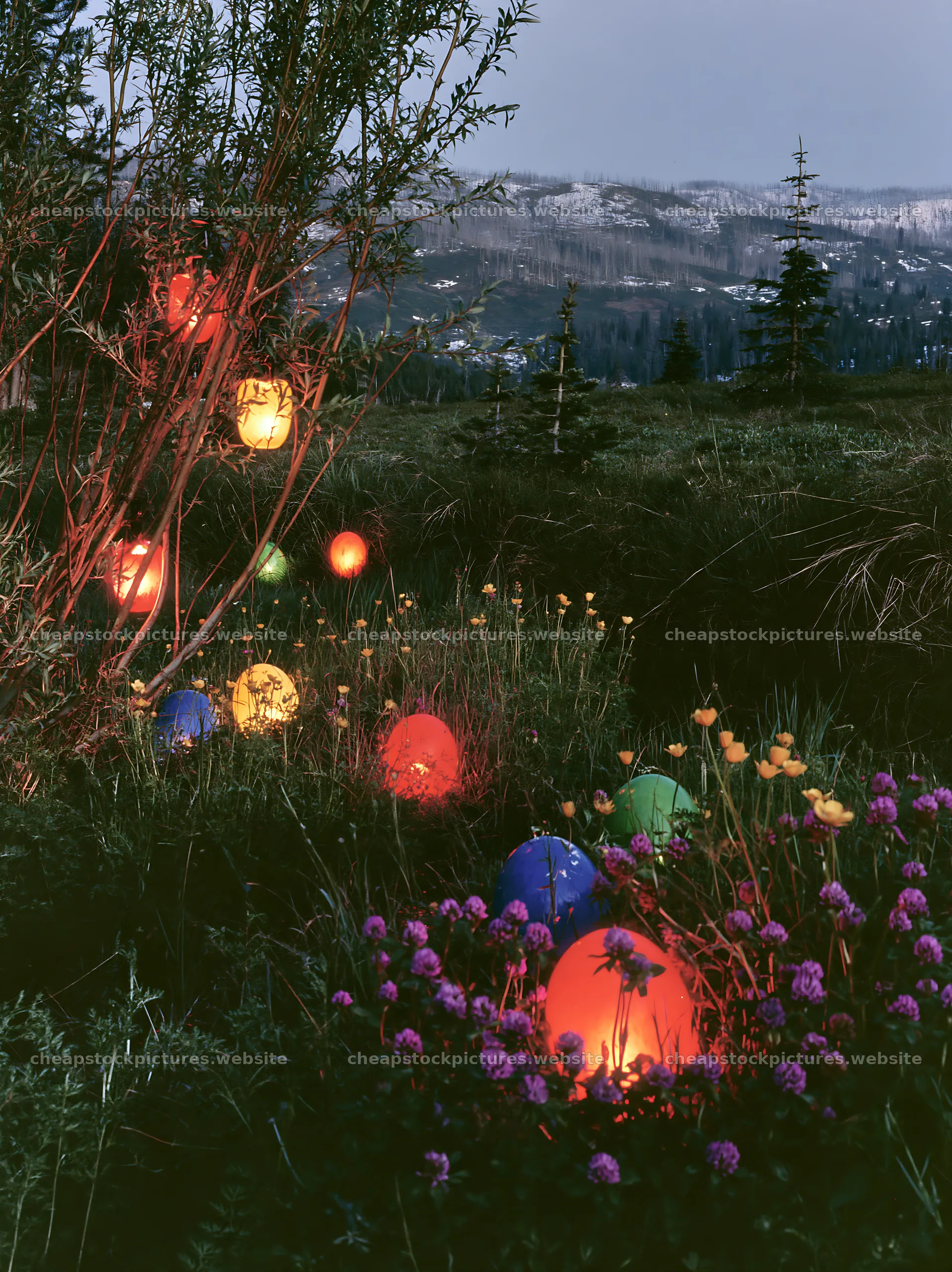 Christmas lanterns by stream in meadow at dusk – stock pictures 6866x9174