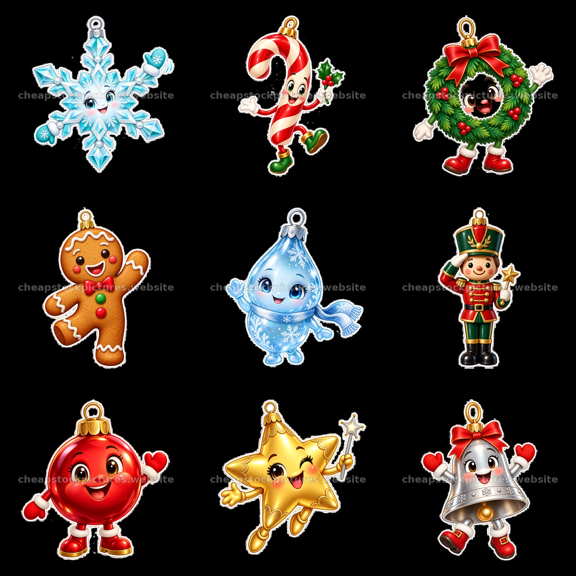 Christmas cartoon ornaments in a 3x3 grid layout – stock pictures 7746x7746