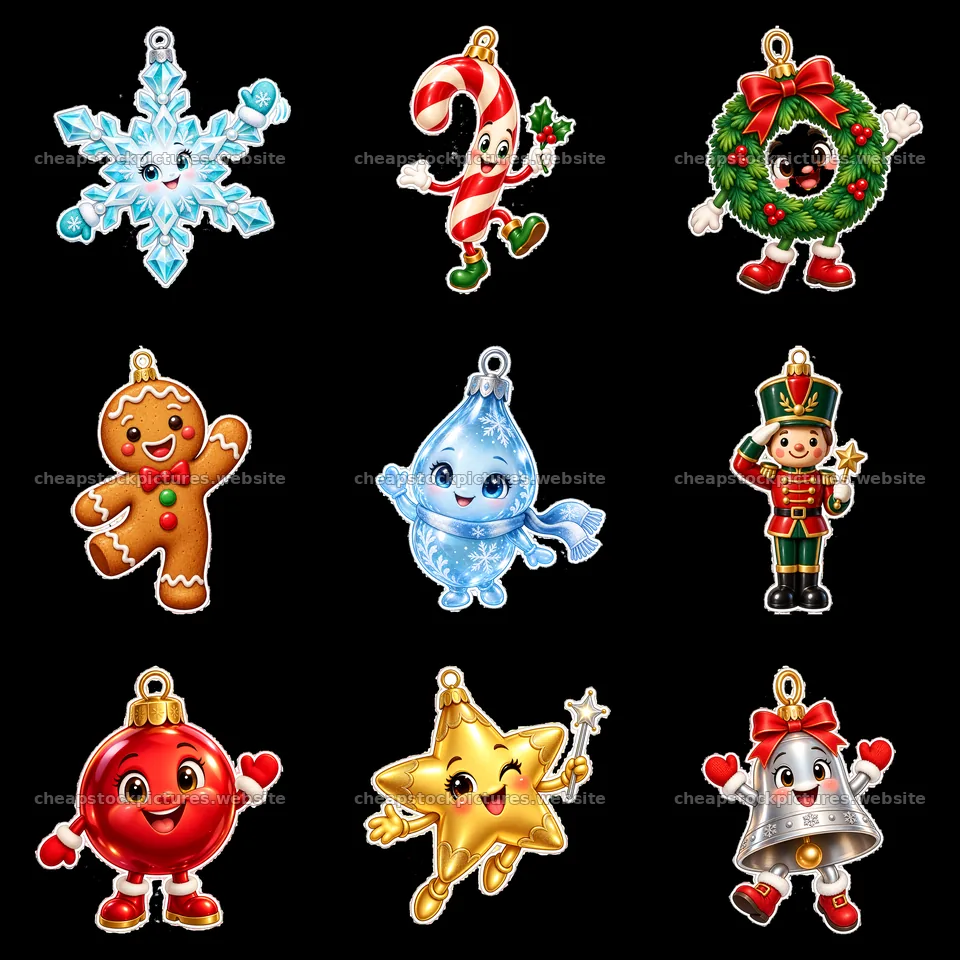 Christmas cartoon ornaments in a 3x3 grid layout – stock pictures 7746x7746