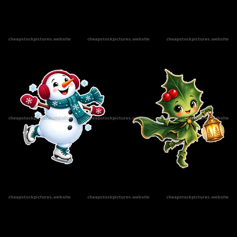 Snowman skating with a holly girl holding a lantern – stock pictures 7746x7746
