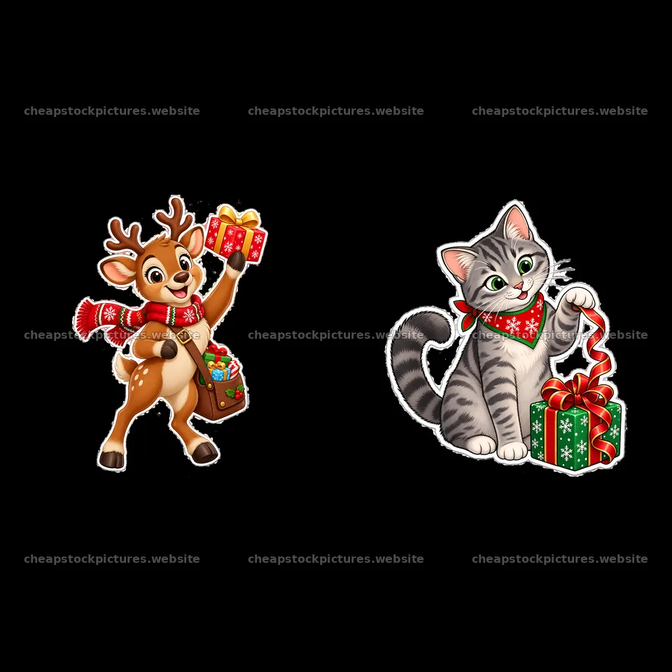 Cheerful reindeer and cat with Christmas presents – stock pictures 7746x7746