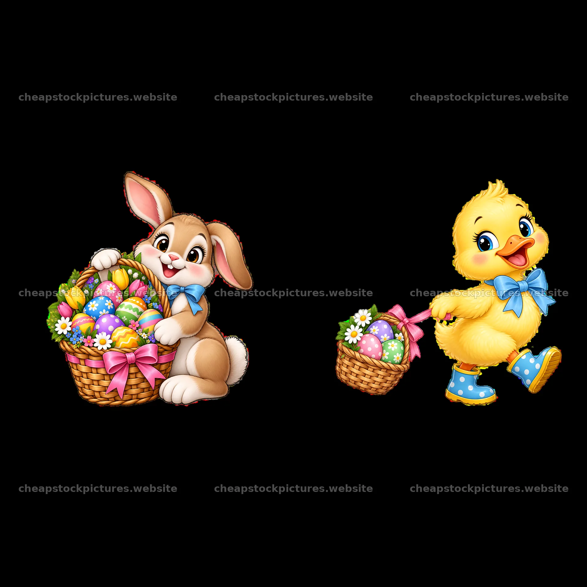 Easter bunny and chick with baskets of colored eggs – stock pictures 7746x7746