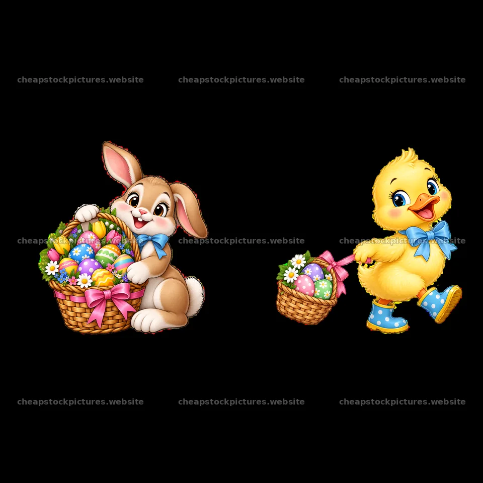 Easter bunny and chick with baskets of colored eggs – stock pictures 7746x7746